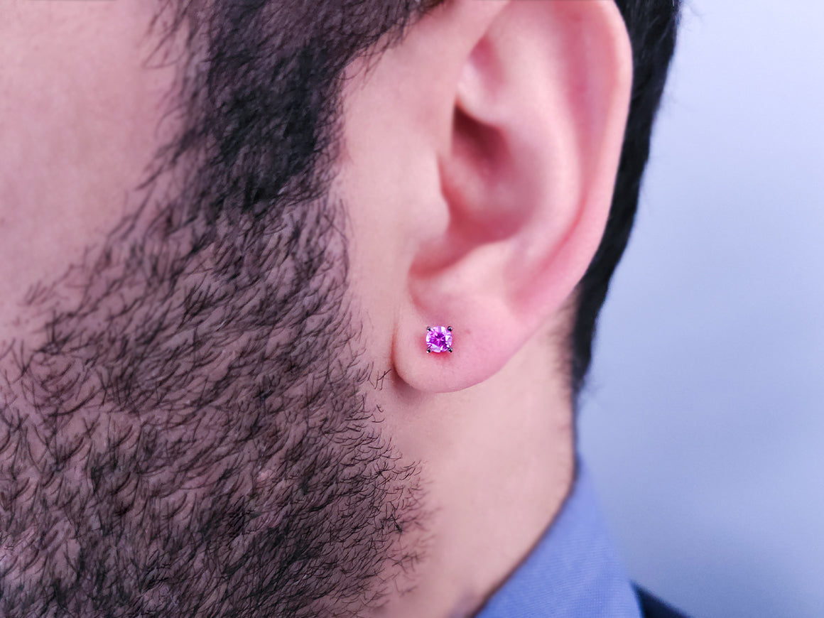 0.33 Carat Pink Sapphire Solitaire Men's Earring in 14 K White Gold 