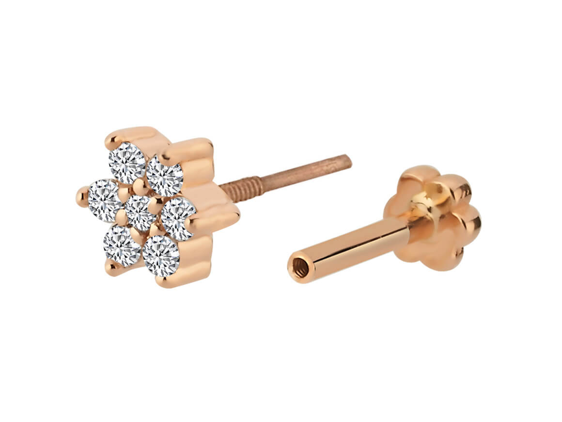 7-Diamant Tragus Piercing in 14K Rotgold - 5,3 mm – handgefertigter Diamantschmuck aus Feingold | Sirius Diamant
