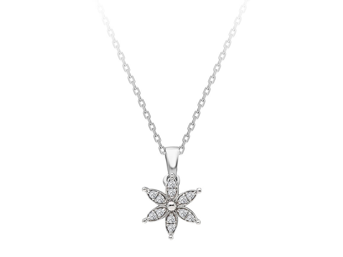 Diamond crocus flower jewelry set in 14 carat white gold.