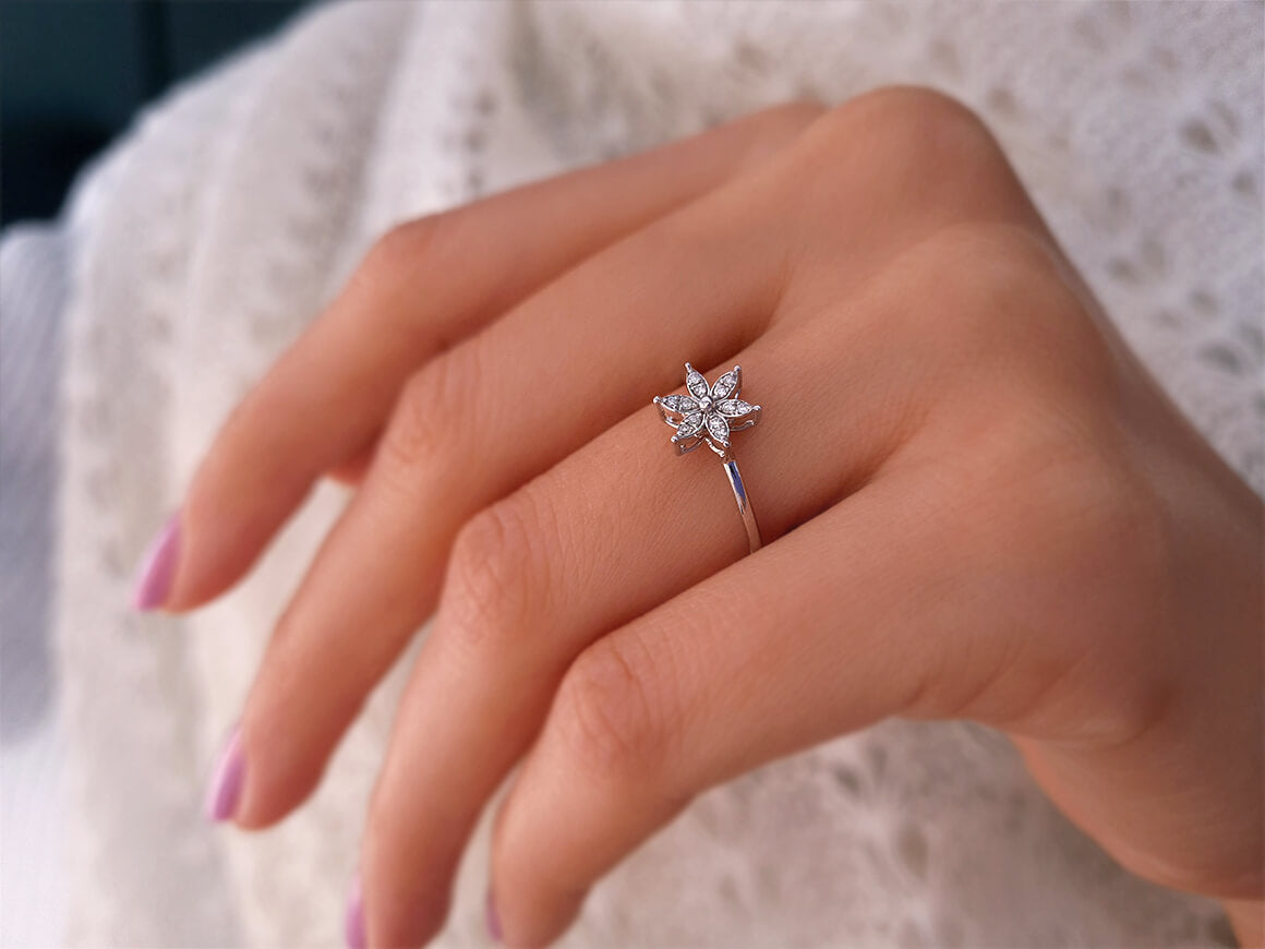 Diamond crocus flower jewelry set in 14 carat white gold.