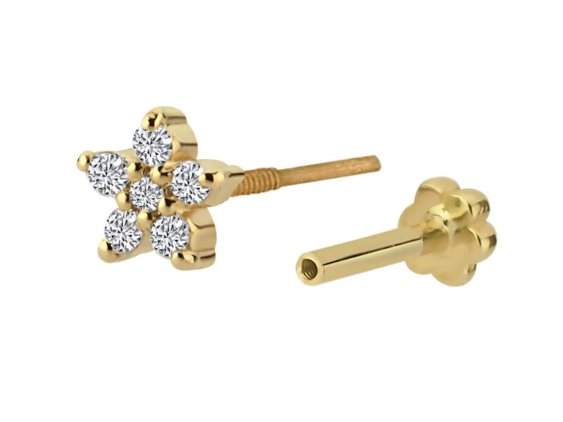 6-Diamant Tragus Piercing in 14K Gelbgold - 5 mm - handgefertigter Diamantschmuck aus Feingold | Sirius Diamant