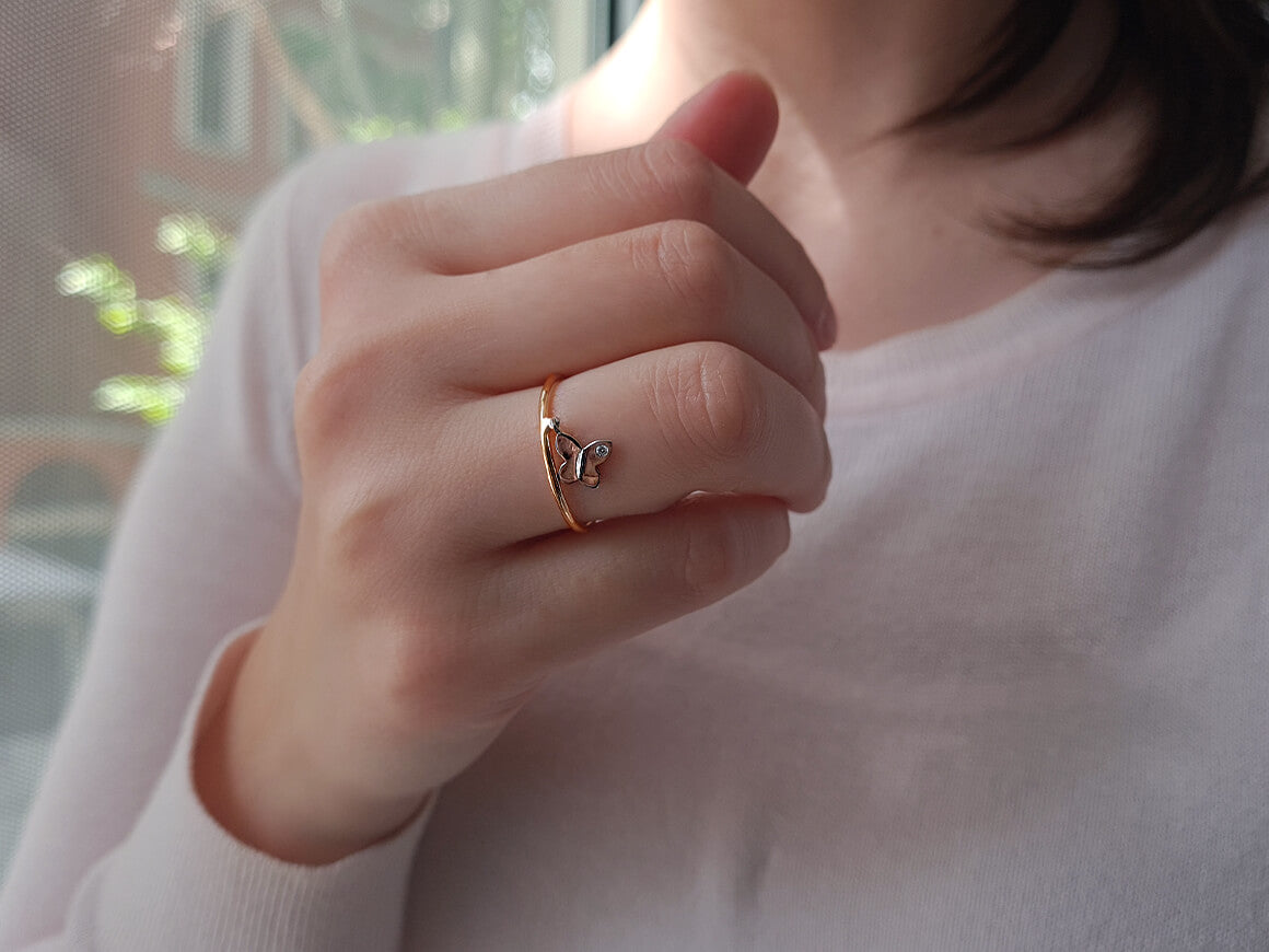 Diamant Schmetterling Ring in 8 K Rotgold und Weißgold