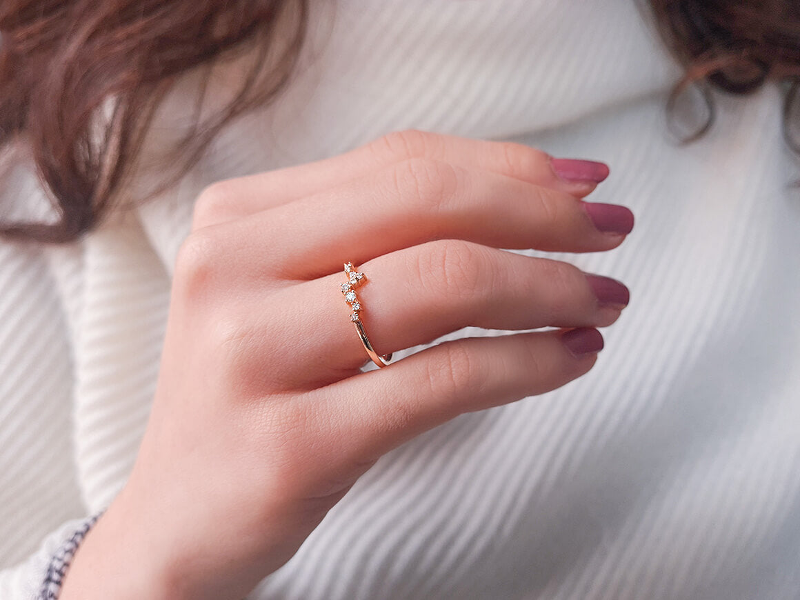 Minimalist half-round ring with diamonds