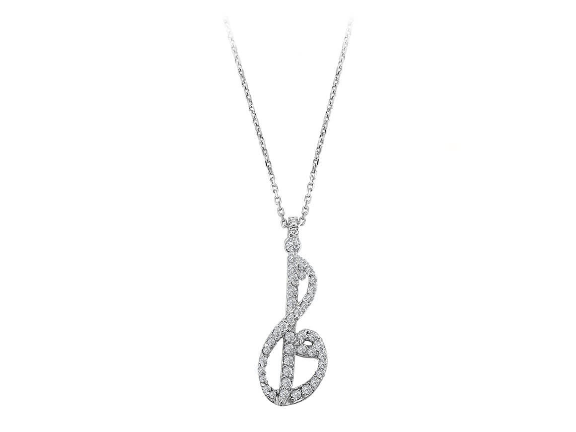 Diamond treble clef necklace in 14 carat white gold