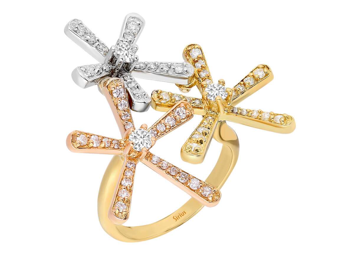 Diamond Three Colored Floral Ring in 14 Carat Gold