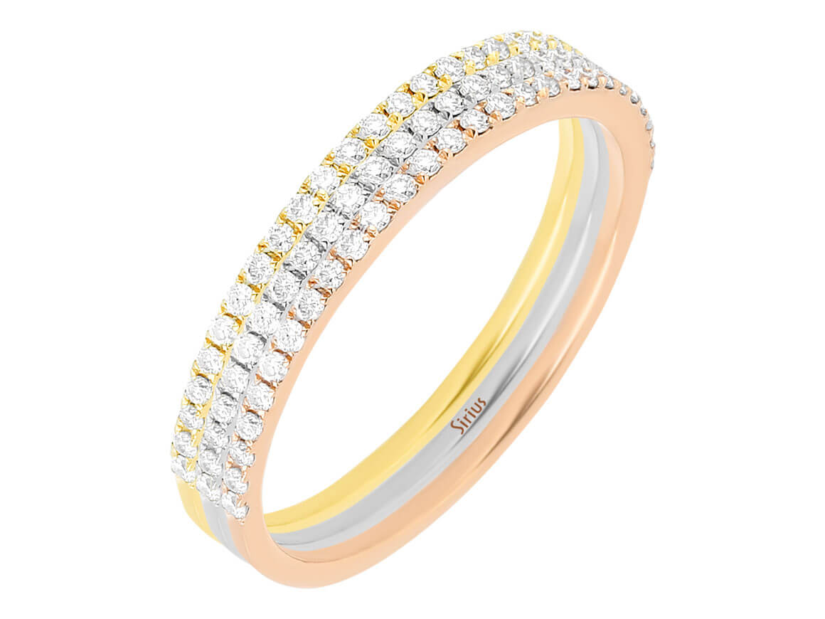 Bague mémoire demi-ronde en or jaune, or rose et or blanc, 3 pièces, sertie de diamants