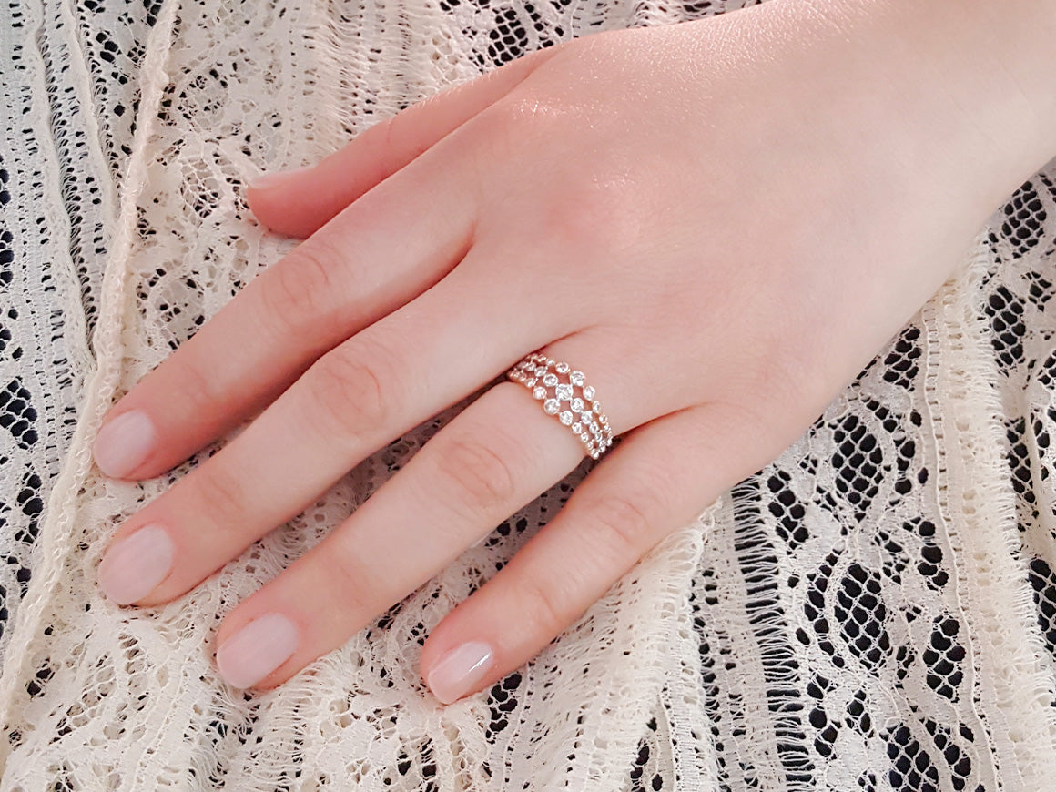 Diamond three-row ring in 14K white gold