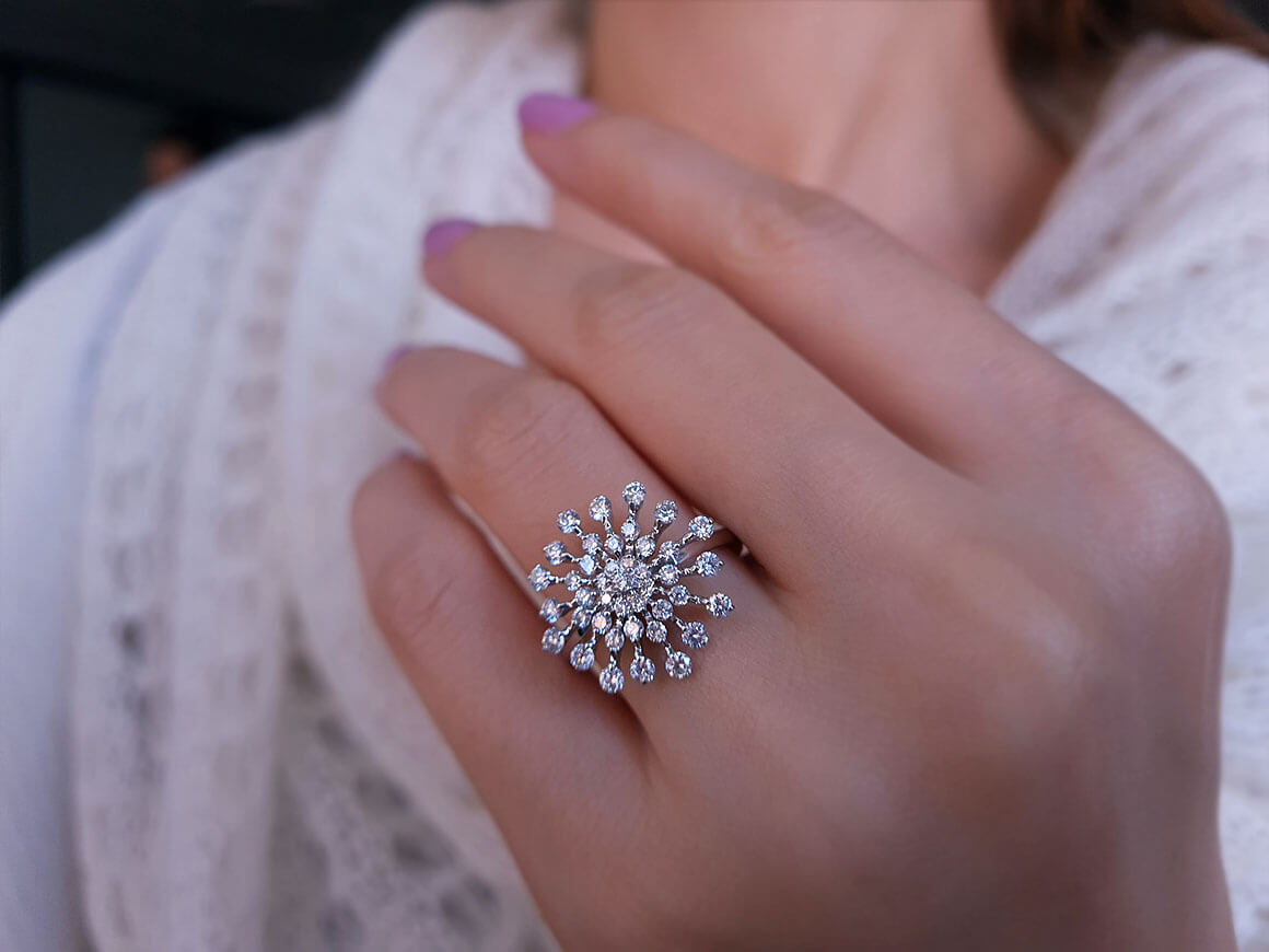 Large diamond snowflake ring in 14 K white gold