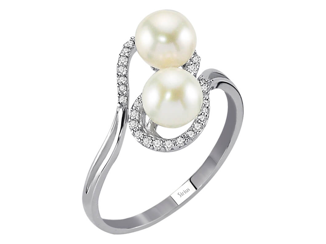 Diamond and double pearl ring in 14 K white gold