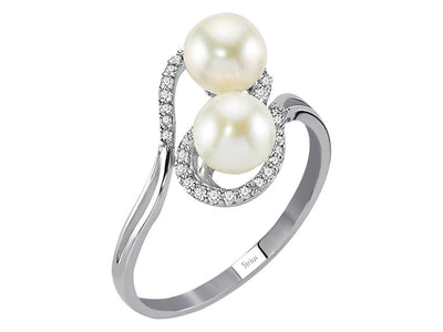 Diamond and double pearl ring in 14 K white gold