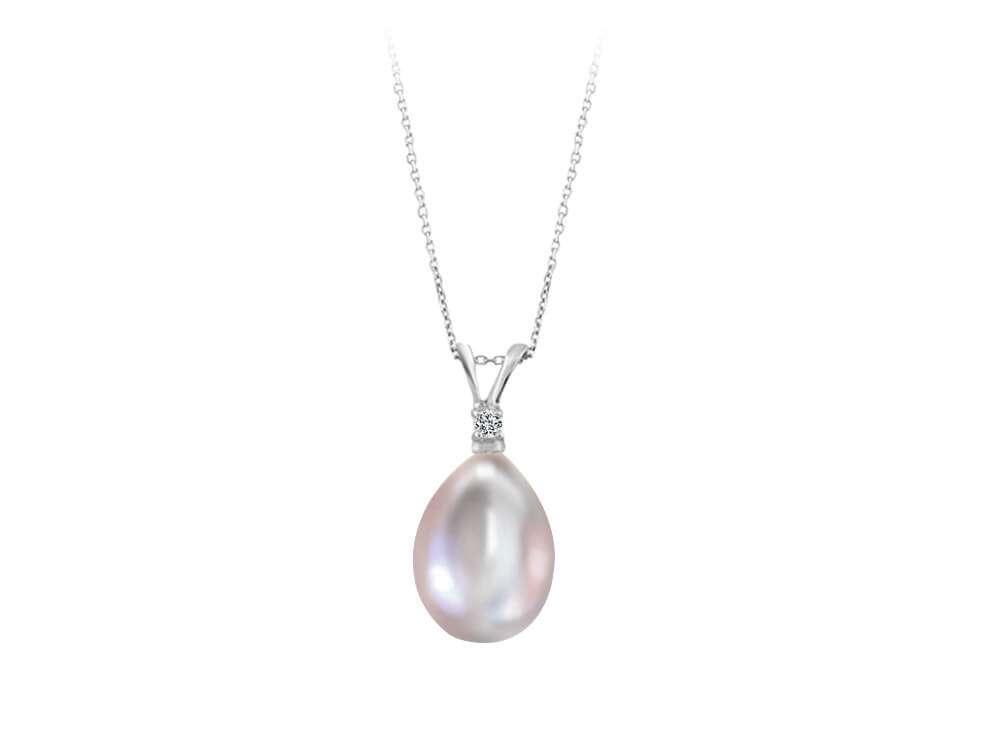 Diamond and drop cut grey pearl necklace in 14 carat white gold