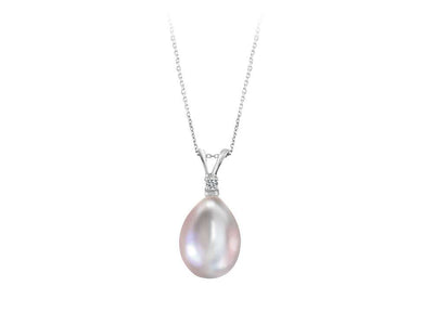 Diamond and drop cut grey pearl necklace in 14 carat white gold