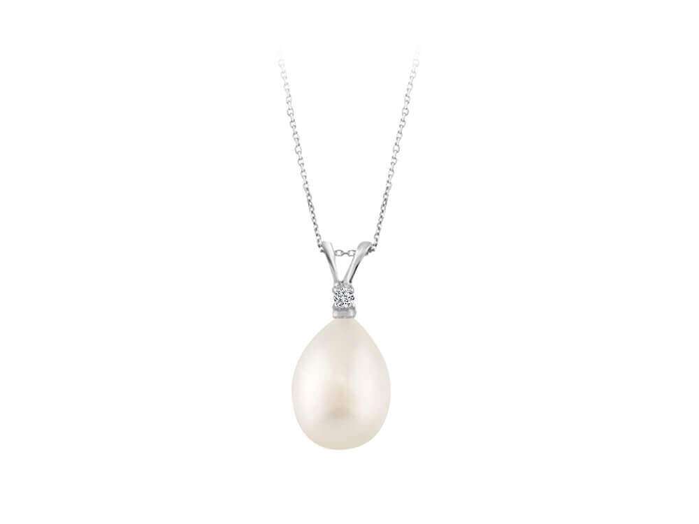 Diamond and drop pearl necklace in 14K white gold
