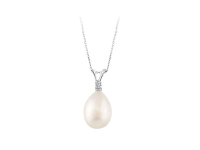 Diamond and drop pearl necklace in 14K white gold