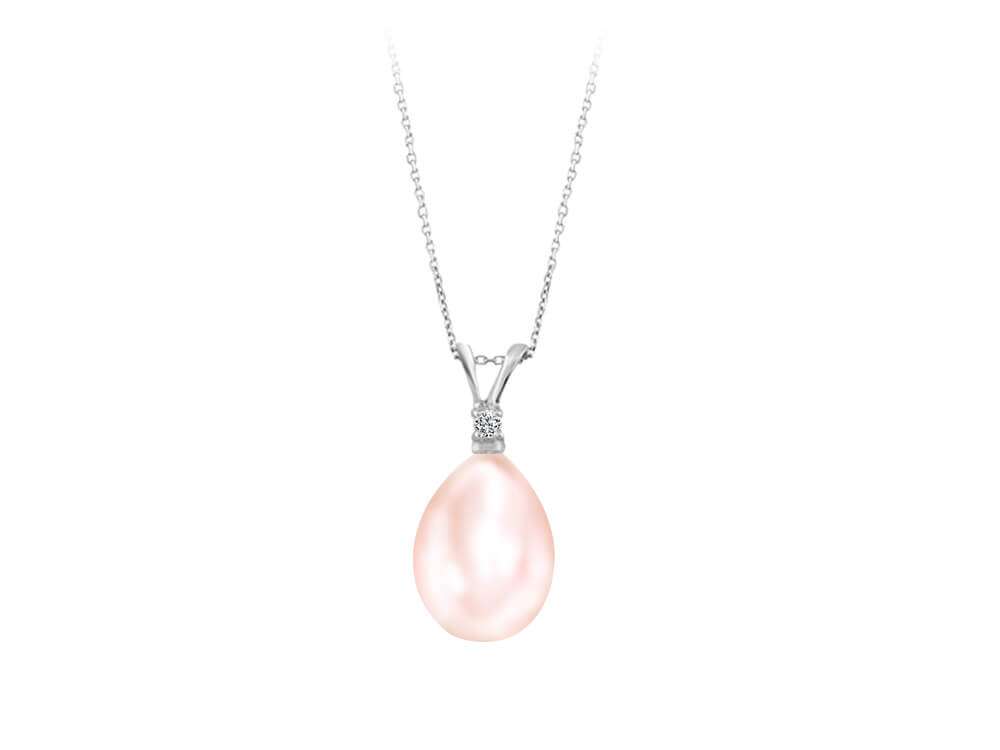 0.02 carat diamond and drop pink pearl necklace in 14K white gold