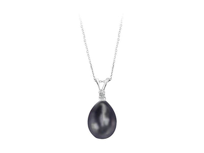 Diamond and drop black pearl necklace in 14 carat white gold