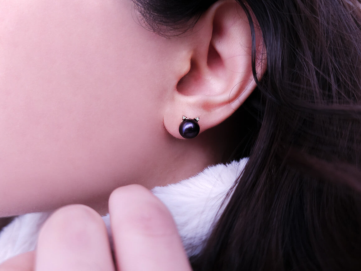 Diamond and Black Pearl Cat Stud Earrings