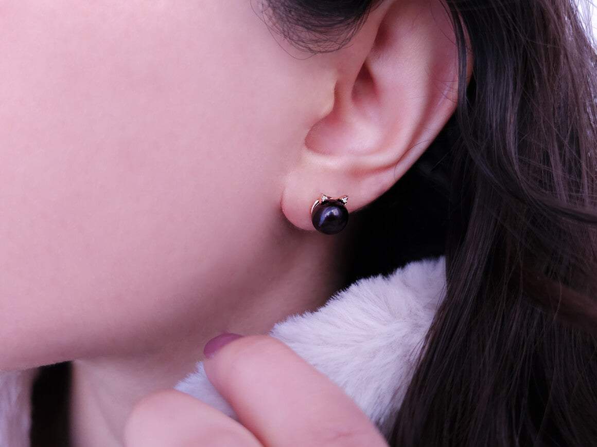 Diamant und Schwarz Perle Katze Ohrstecker