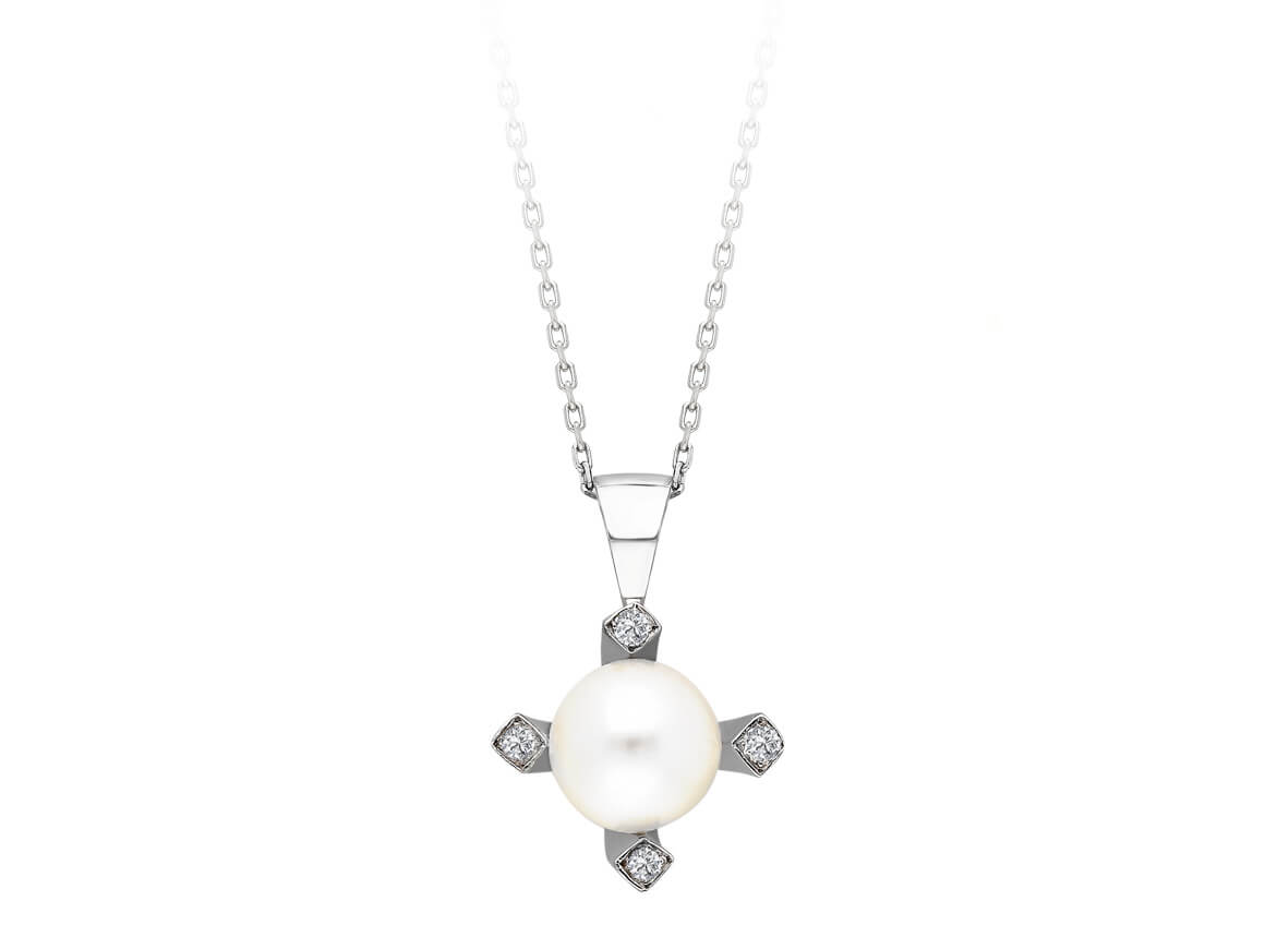 Diamond and natural pearl necklace in 8 K white gold