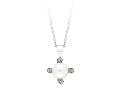 Diamond and natural pearl necklace in 8 K white gold