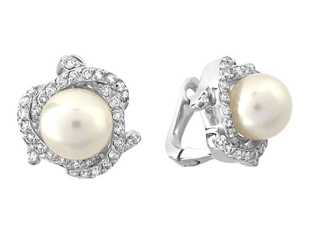 Diamond and natural pearl earrings in 14 carat white gold