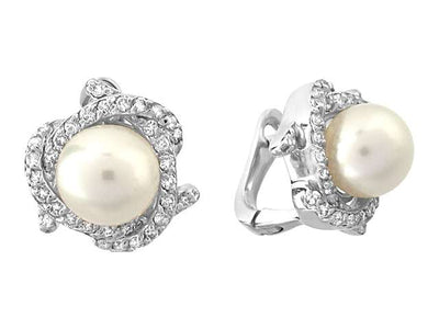 Diamond and natural pearl earrings in 14 carat white gold