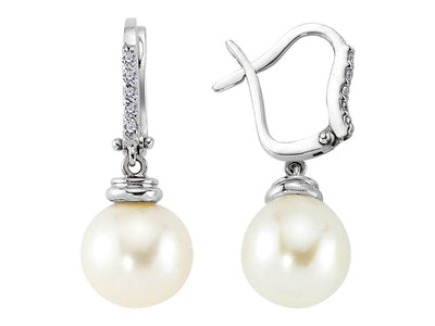 Diamond and natural pearl earrings in 14 carat white gold
