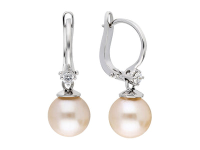 Diamond and natural pearl earrings in 14 K white gold