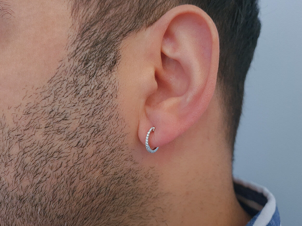 Modern diamond hoop earrings for men in 585 14K white gold