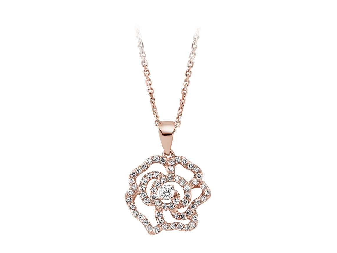 0,36 Karat Diamant Rosenmotiv Collier in 585er 14 K Rotgold - handgefertigter Diamantschmuck aus Feingold | Sirius Diamant