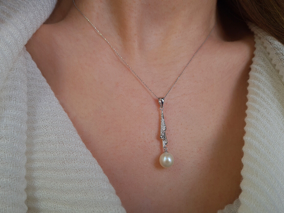 Diamond Dangling Pearl Necklace in 14K White Gold