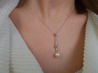 Diamond Dangling Pearl Necklace in 14K White Gold