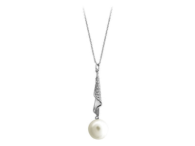 Diamond Dangling Pearl Necklace in 14K White Gold
