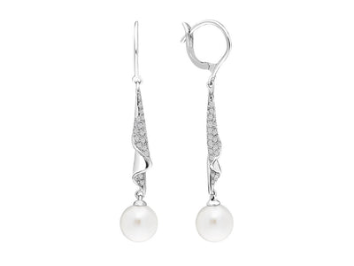 Diamond and natural pearl earrings in 14 carat white gold