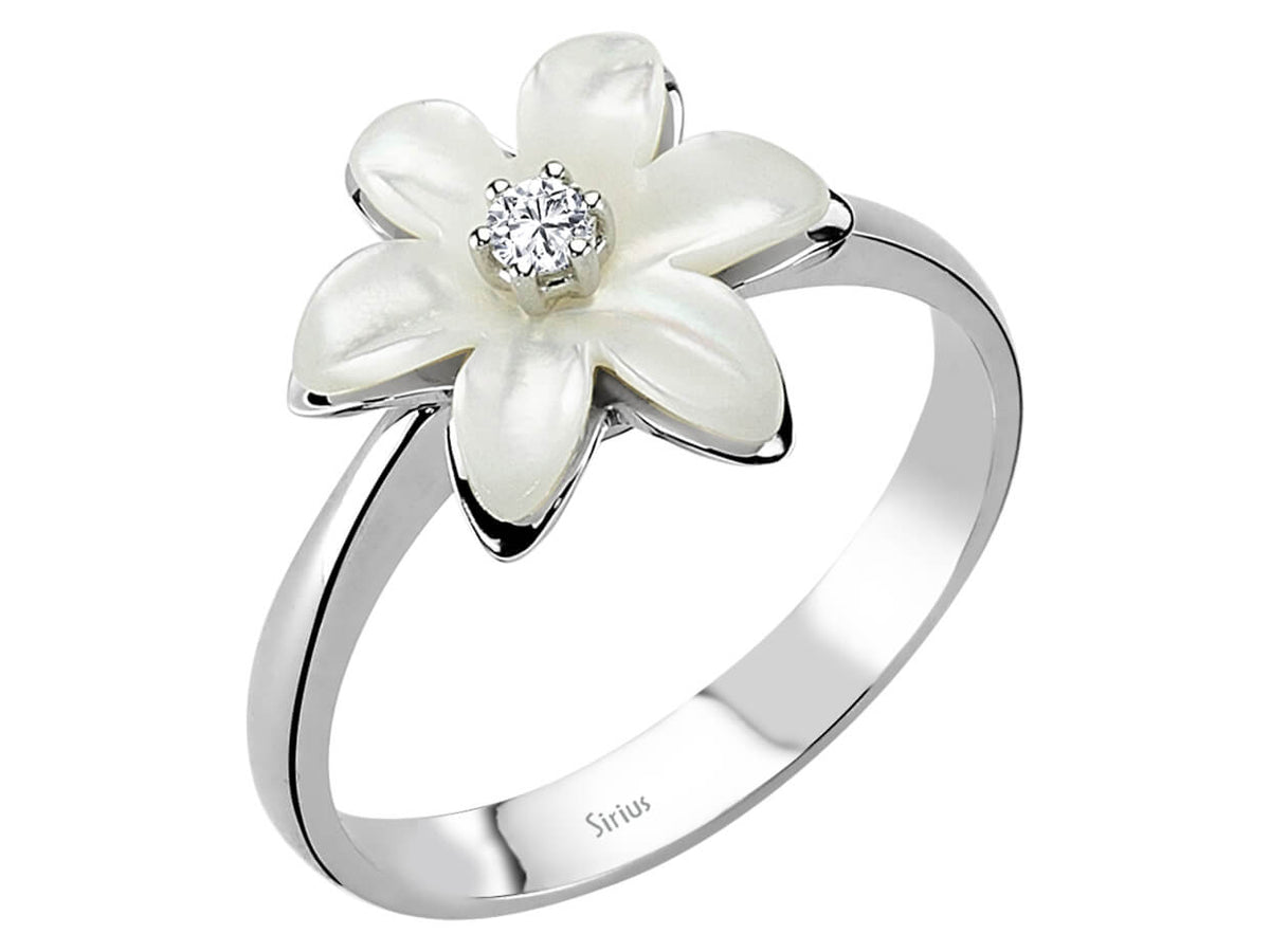 Diamant und Perlmutt Schneeglöckchen Ring in 14 K Weißgold - handgefertigter Diamantschmuck aus Feingold | Sirius Diamant