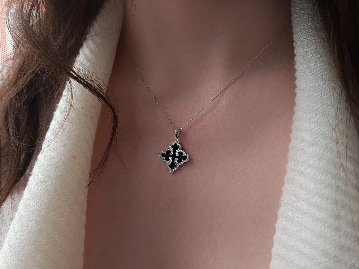 Diamond black enamel necklace in 18 carat white gold