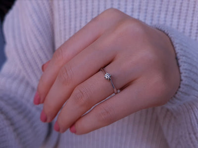 0.14 carat diamond solitaire ring in 18 K white gold