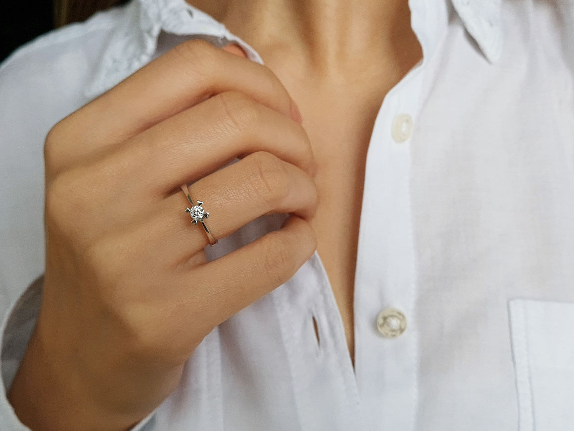 0.18 carat diamond solitaire ring in 14 K white gold