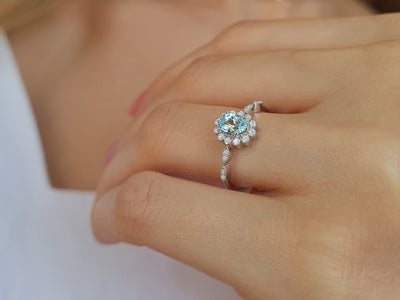 Diamond and Oval Aquamarine Neva Ring