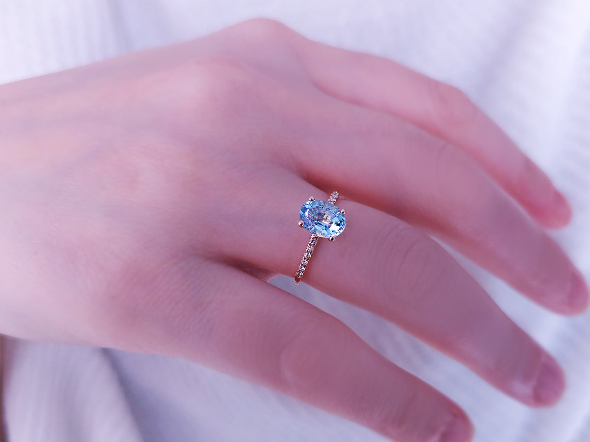 Bague océan diamant et aigue-marine en or rose 14 carats