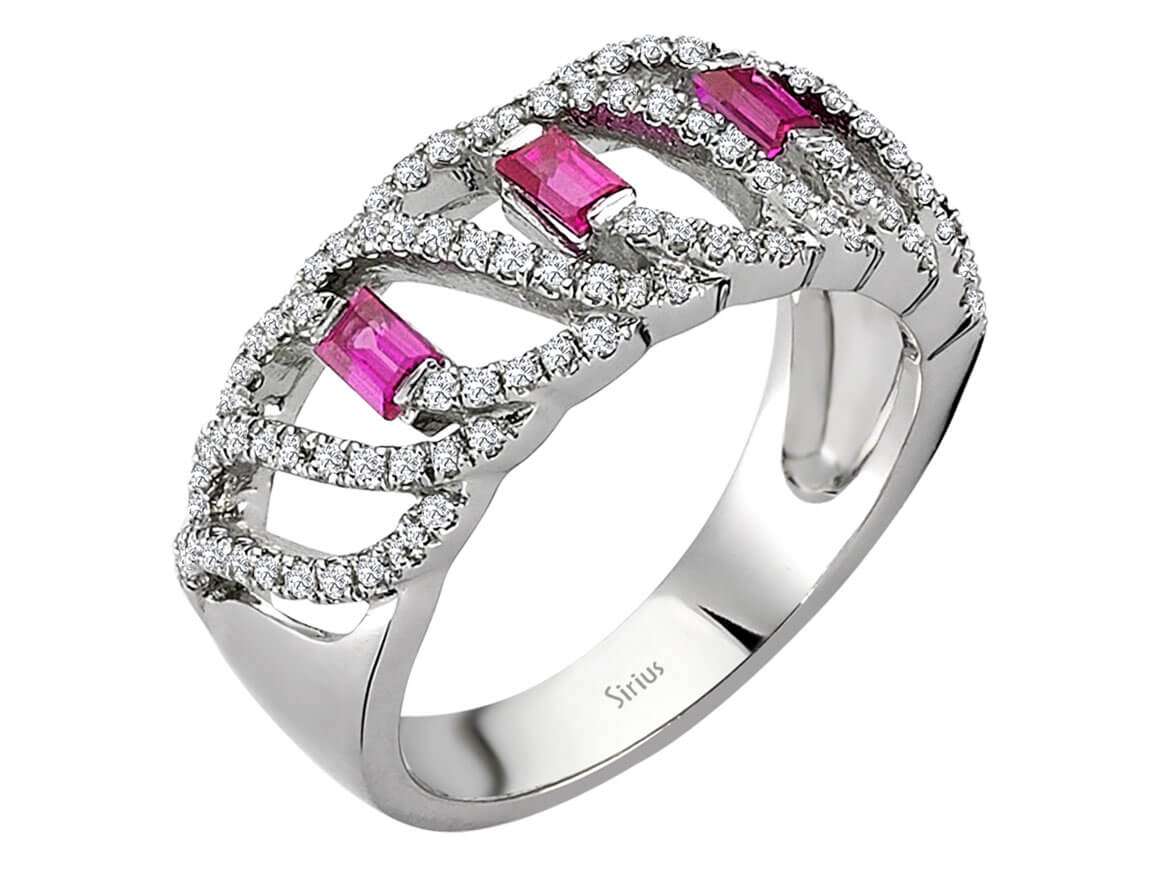 Diamond and baguette ruby ring in 18 K