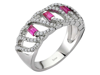 Diamond and baguette ruby ring in 18 K