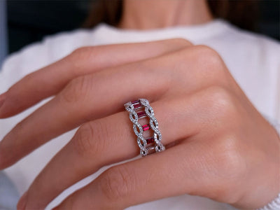 Diamond and baguette-cut ruby ring