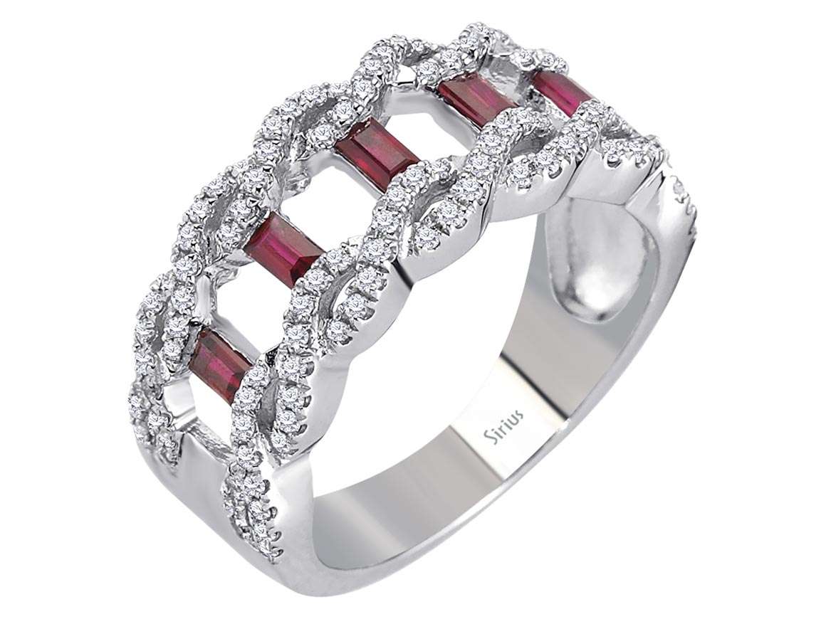 Diamant und Baguette-Schliff Rubin Ring - handgefertigter Diamantschmuck aus Feingold | Sirius Diamant
