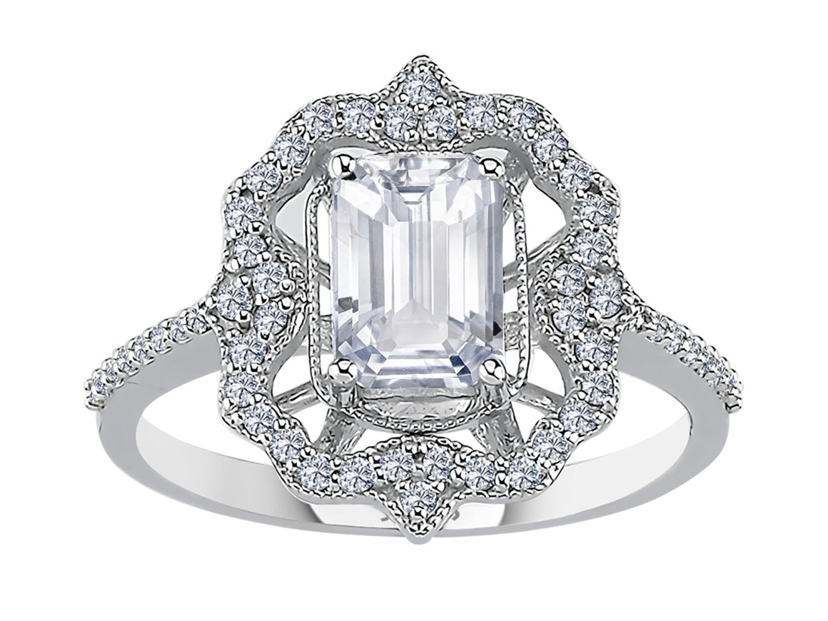 Diamond ring with octagonal cut white topaz in white gold