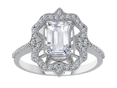 Diamond ring with octagonal cut white topaz in white gold