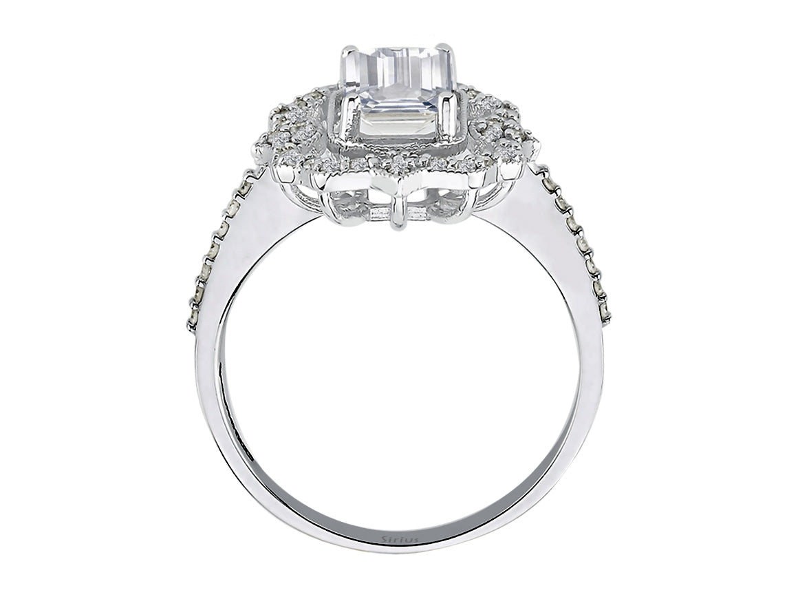 Diamond ring with octagonal cut white topaz in white gold