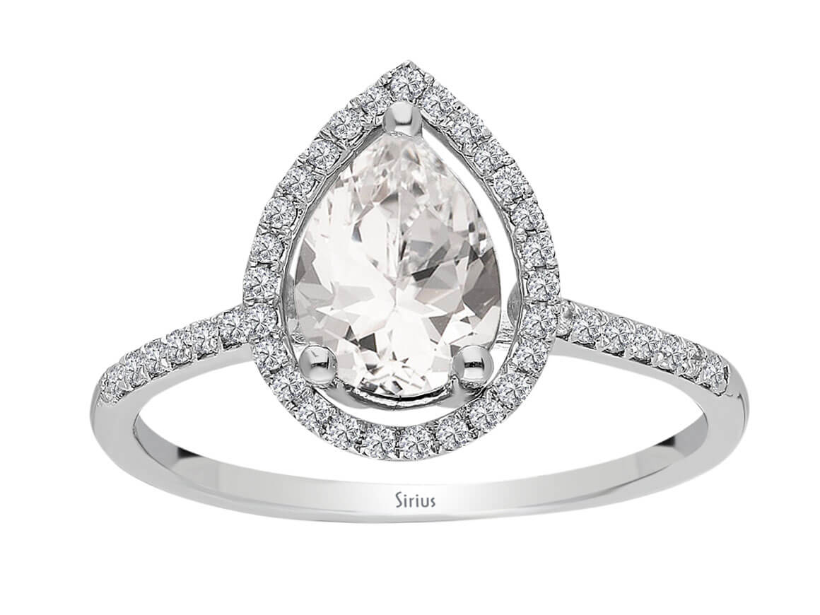Diamant- und Weißtopas-Ring mit Wassertropfenform - handgefertigter Diamantschmuck aus Feingold | Sirius Diamant