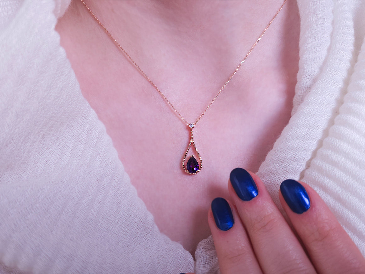 Diamant und Tropfen Amethyst Collier - handgefertigter Diamantschmuck aus Feingold | Sirius Diamant
