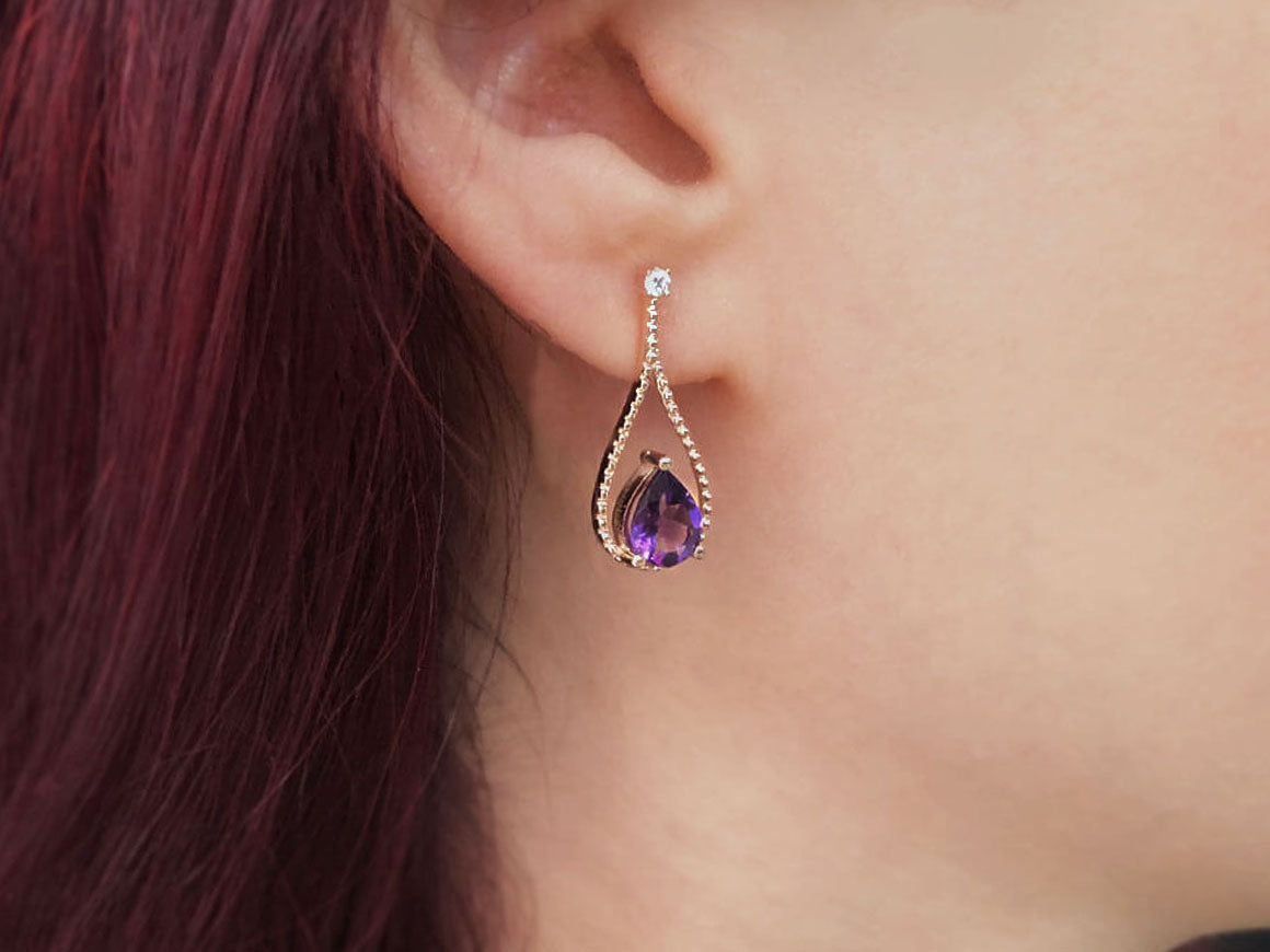 Diamant und Tropfen Amethyst Ohrhänger in Rotgold Roségold - handgefertigter Diamantschmuck aus Feingold | Sirius Diamant